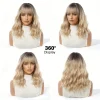 Brown to Blonde Ombre Synthetic Wig Short Curly with Straight Bangs for Women Heat Resistant Natural Look Hair for Daily Party