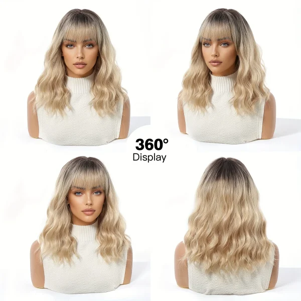 Brown to Blonde Ombre Synthetic Wig Short Curly with Straight Bangs for Women Heat Resistant Natural Look Hair for Daily Party