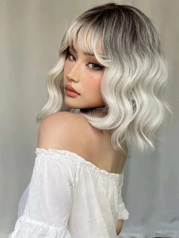 Sc1c05eaece7744fc93efc66f5375f22cY.webp Ombre Blonde Brown Synthetic Short Wavy Wigs with Bangs Platinum Bob Cosplay Halloween Lolita Hair Wigs for Women Heat Resistant