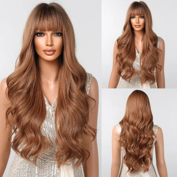 Brown Blonde Omber Long  Wavy Wig With Bangs for Women Synthetic Wigs Natural Daily Cosplay Party High Temperature Fake Hair