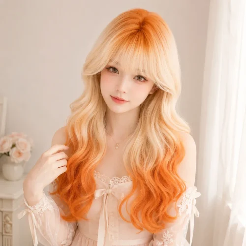Orange Blonde Ombre Long Wavy Synthetic Wig with Bangs for Women, Cosplay Lolita Party Daily Wear Full Wig