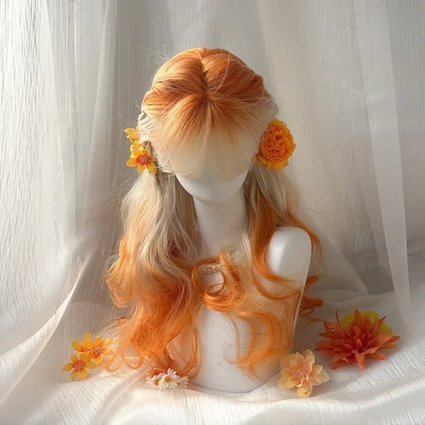 Orange Blonde Ombre Long Wavy Synthetic Wig with Bangs for Women, Cosplay Lolita Party Daily Wear Full Wig