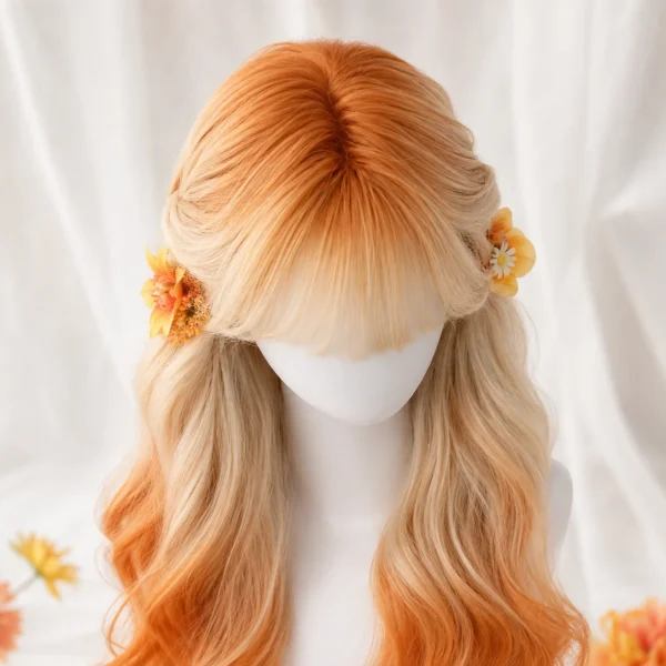 Orange Blonde Ombre Long Wavy Synthetic Wig with Bangs for Women, Cosplay Lolita Party Daily Wear Full Wig