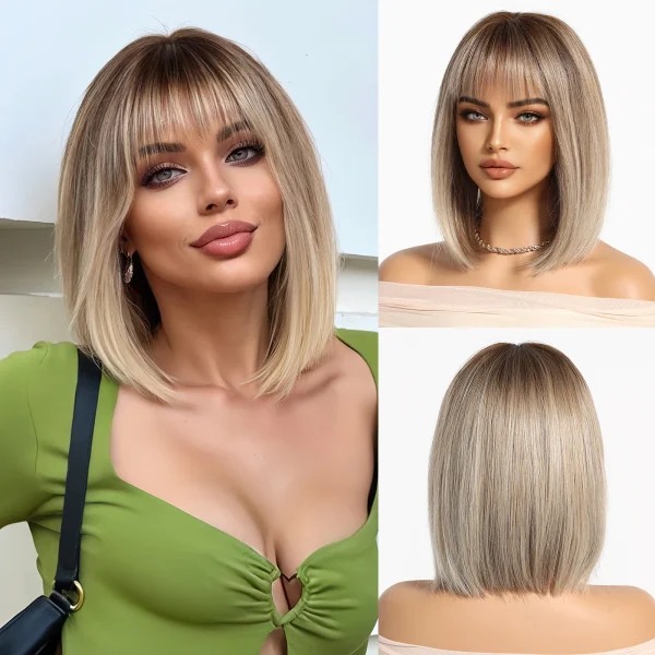 Brown Blonde Ombre Synthetic Wigs Short Straight Layered Wig for Women Afro Heat Resistant Cosplay Daily Natural Hair with Bangs