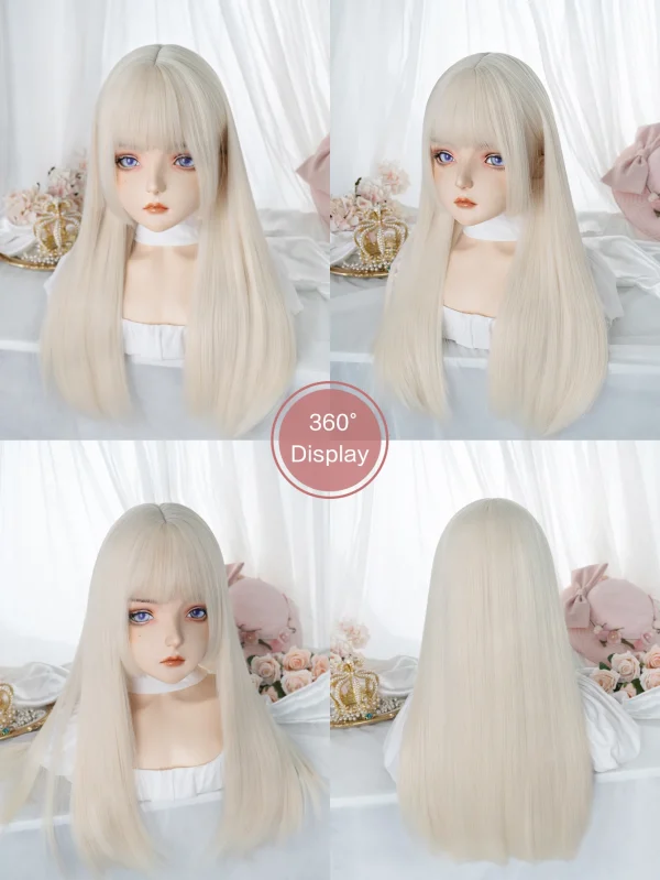 26Inch Blonde Platinum Golden Synthetic Wigs With Bang Long Natural Straight Hair Wig for Women Hime Cut Cosplay Heat Resistant