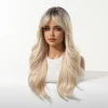 Long Blonde Ombre Wavy Synthetic Wigs with Dark Roots for Women Perfect for Daily Cosplay Natural Hairs Bangs Wig Heat Resistant