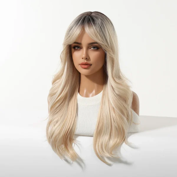 Long Blonde Ombre Wavy Synthetic Wigs with Dark Roots for Women Perfect for Daily Cosplay Natural Hairs Bangs Wig Heat Resistant