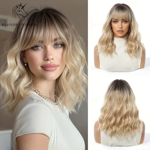 Brown to Blonde Ombre Synthetic Wig Short Curly with Straight Bangs for Women Heat Resistant Natural Look Hair for Daily Party