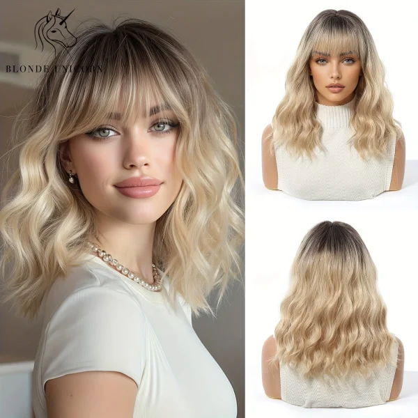 Brown to Blonde Ombre Synthetic Wig Short Curly with Straight Bangs for Women Heat Resistant Natural Look Hair for Daily Party