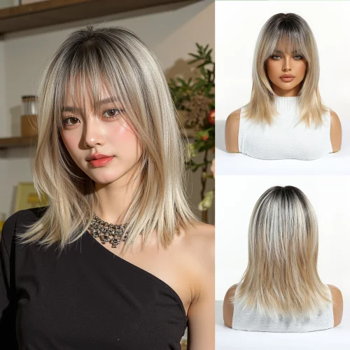 Se869bfe79d3745b09986b8d44ca939fd3.webp Brown Blonde Ombre Synthetic Wigs Short Straight Layered Wig for Women Afro Heat Resistant Cosplay Daily Natural Hair with Bangs