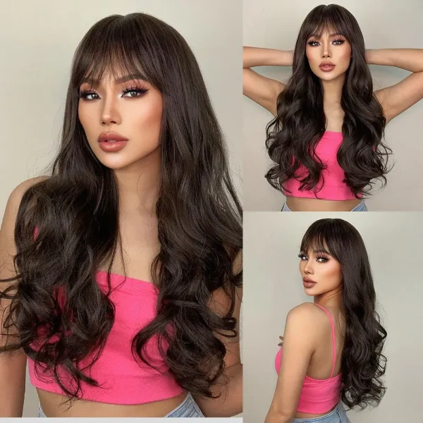 Brown Blonde Omber Long  Wavy Wig With Bangs for Women Synthetic Wigs Natural Daily Cosplay Party High Temperature Fake Hair