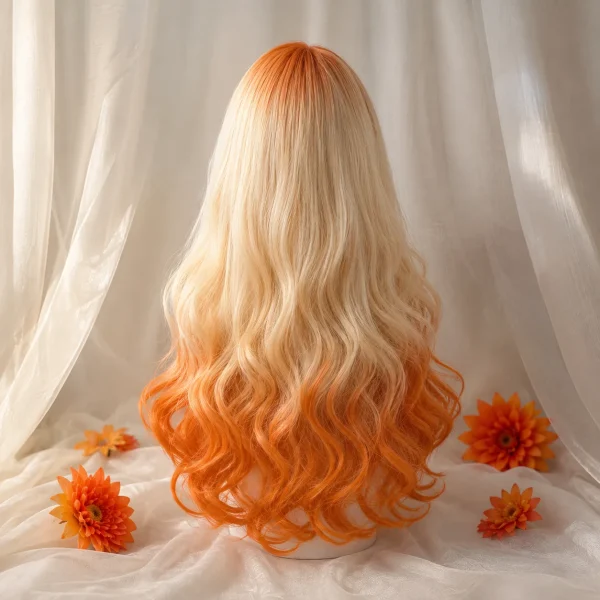 Orange Blonde Ombre Long Wavy Synthetic Wig with Bangs for Women, Cosplay Lolita Party Daily Wear Full Wig