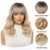 Brown to Blonde Ombre Synthetic Wig Short Curly with Straight Bangs for Women Heat Resistant Natural Look Hair for Daily Party