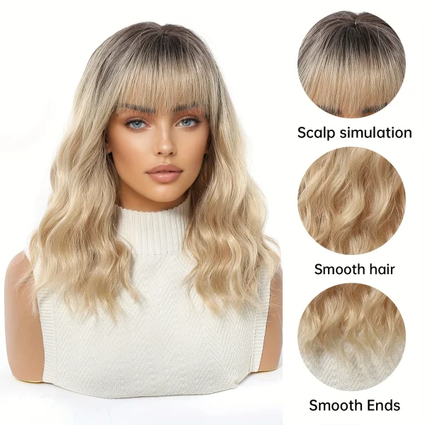 Brown to Blonde Ombre Synthetic Wig Short Curly with Straight Bangs for Women Heat Resistant Natural Look Hair for Daily Party