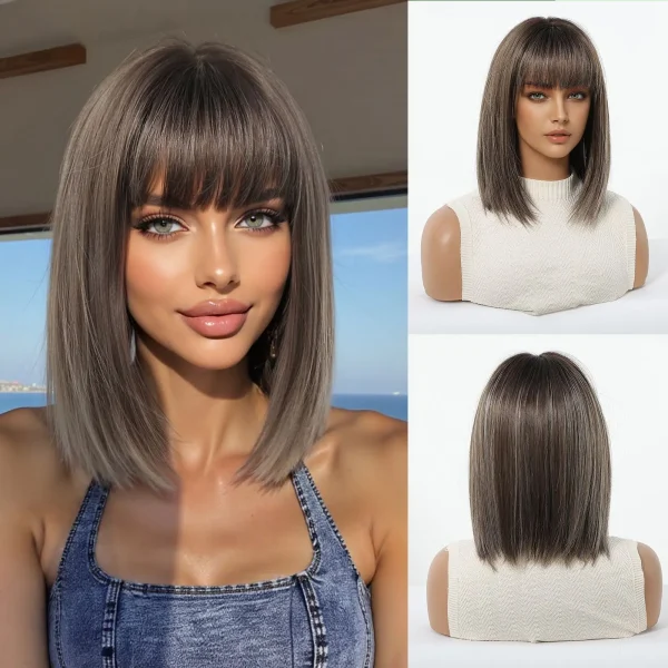 Brown Blonde Ombre Synthetic Wigs Short Straight Layered Wig for Women Afro Heat Resistant Cosplay Daily Natural Hair with Bangs