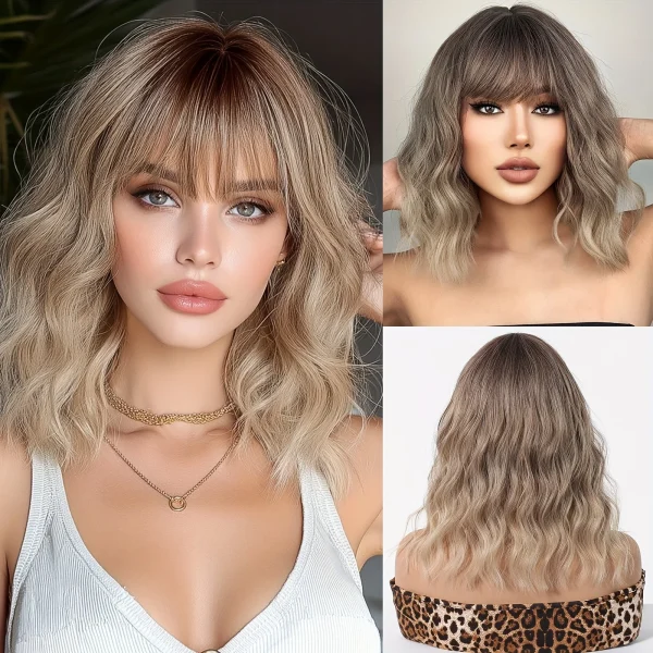 Brown to Blonde Ombre Synthetic Wig Short Curly with Straight Bangs for Women Heat Resistant Natural Look Hair for Daily Party