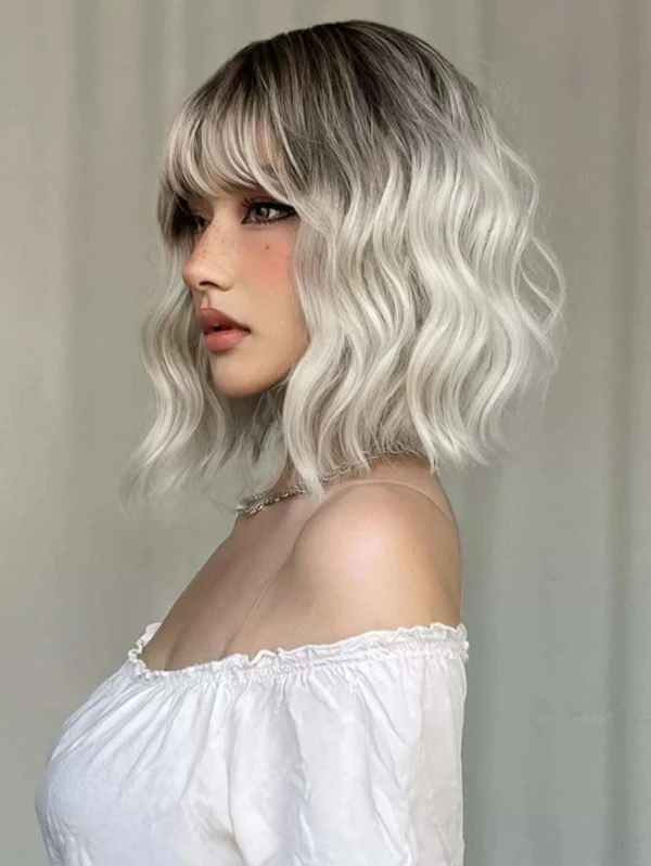 Sf84932921d254161b2b31eaeecd4e0cb1.webp Ombre Blonde Brown Synthetic Short Wavy Wigs with Bangs Platinum Bob Cosplay Halloween Lolita Hair Wigs for Women Heat Resistant
