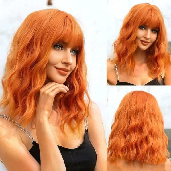 Brown to Blonde Ombre Synthetic Wig Short Curly with Straight Bangs for Women Heat Resistant Natural Look Hair for Daily Party