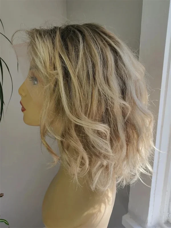 Sfa84963d8711439fa096dba0bead189eI.webp Synthetic Lace Front Wig Short Wavy Bob Wig for Women Blonde Highlights Glueless HD 13X4 Lace Front Wig Pre Plucked Middle Part